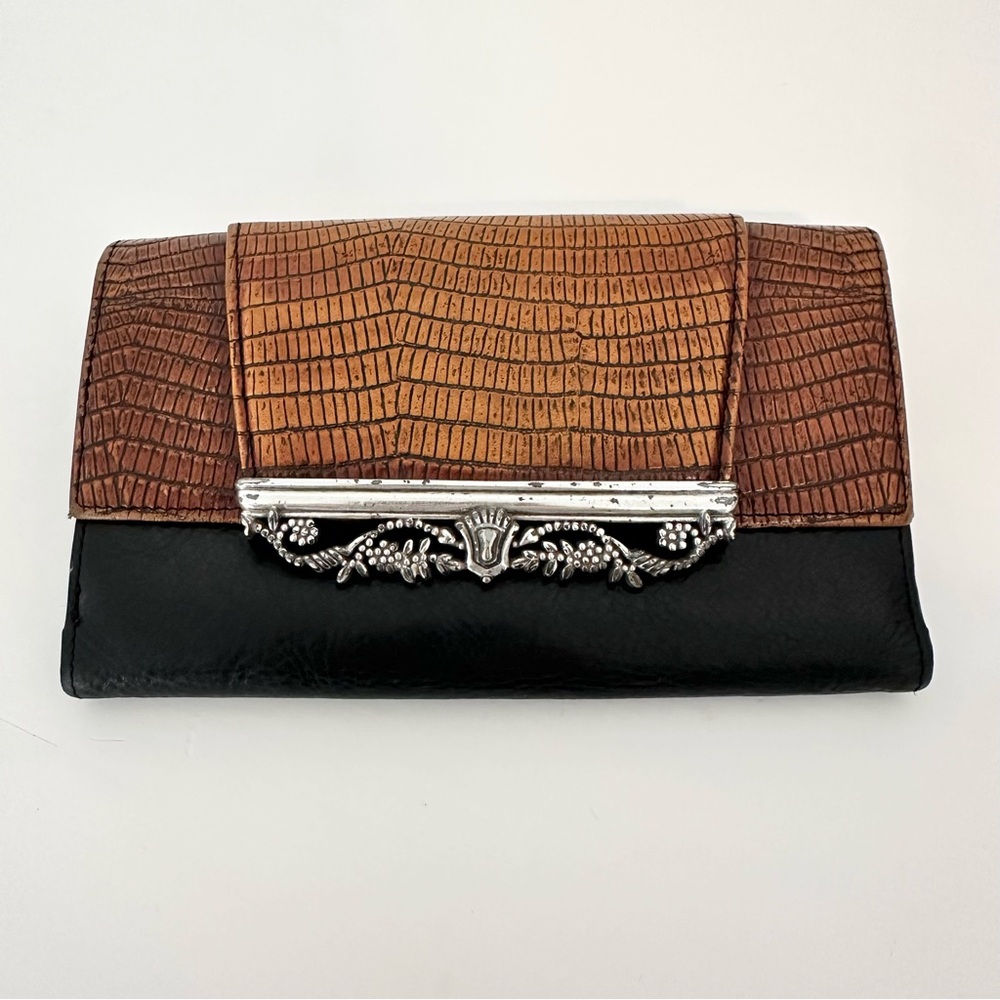 Vintage Brighton Leather Wallet with Brown Crocodile Embossed Flap Silver Buckle